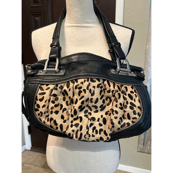 B. Makowsky Black Leather and Leopard Shoulder Bag - Picture 1 of 9